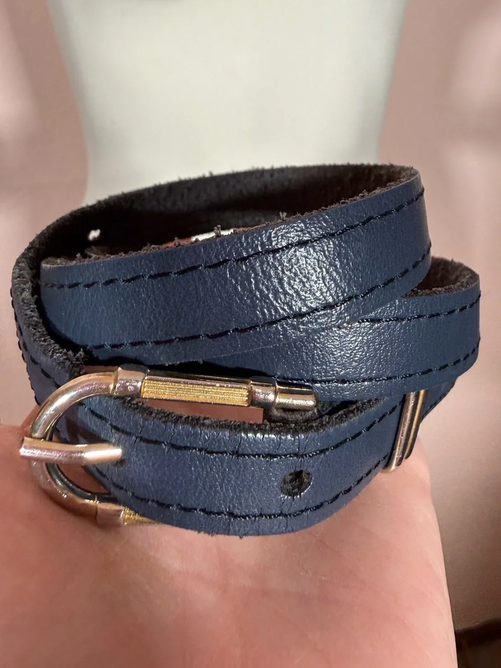 Vintage navy blue leather  minimalist skinny belt 28inches classic academia